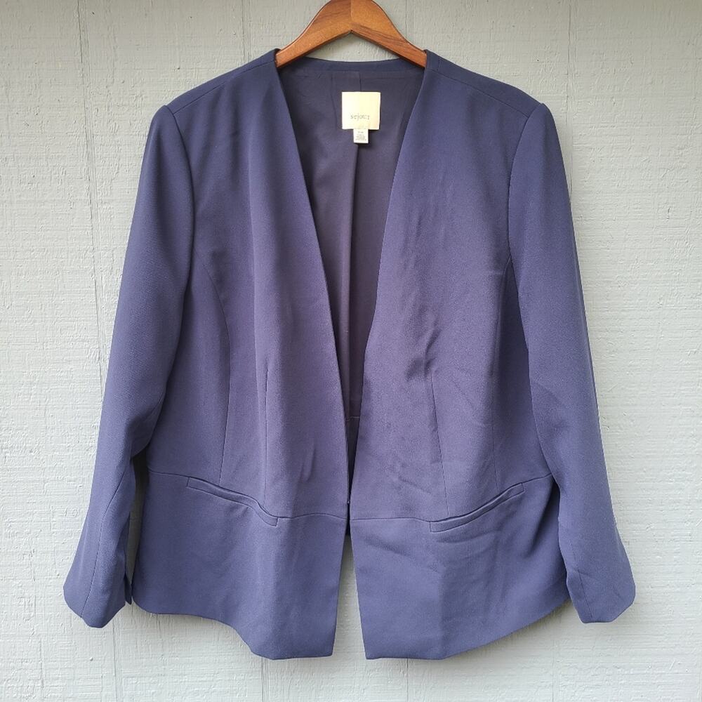 Sejour Solid Blue Blazer 20W Plus Size Open Front
